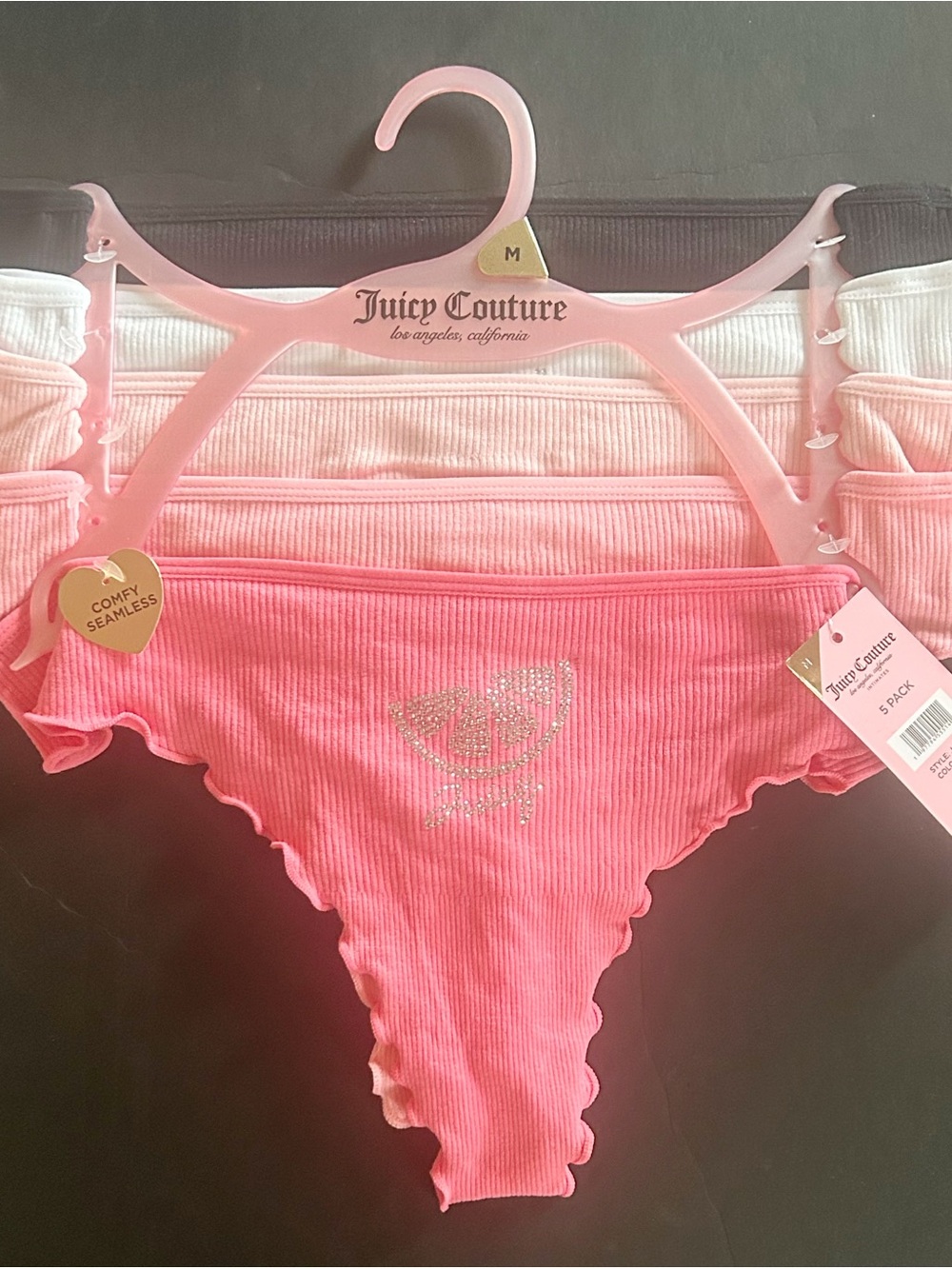 Juicy Couture Y2K Glitter Rhinestone Seamless Thong Panties 5 Pack Sz M NWT $38